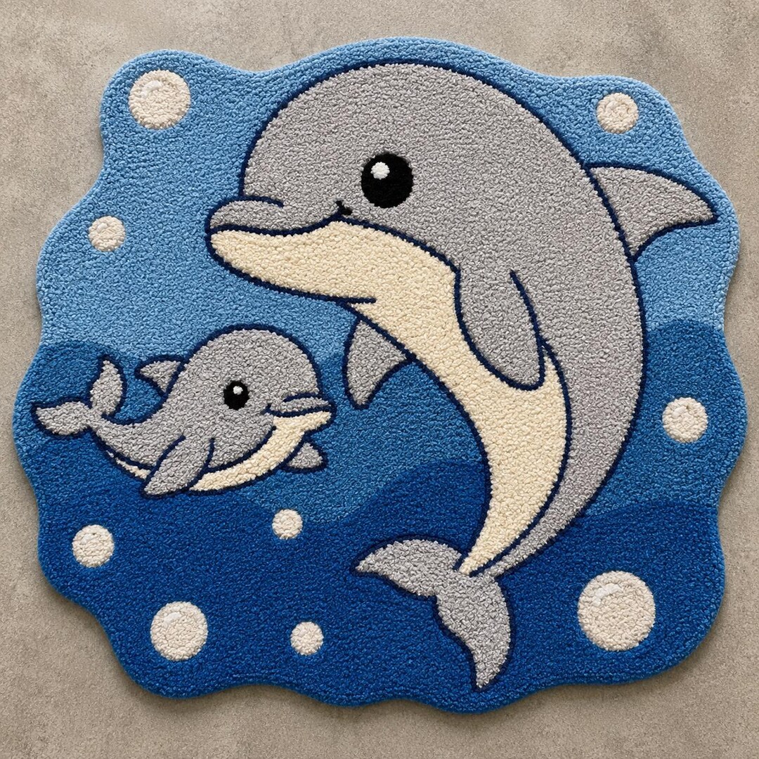 Handmade Dolphin Tufted Rug – Ocean Theme Nursery Carpet, Playroom Area ...