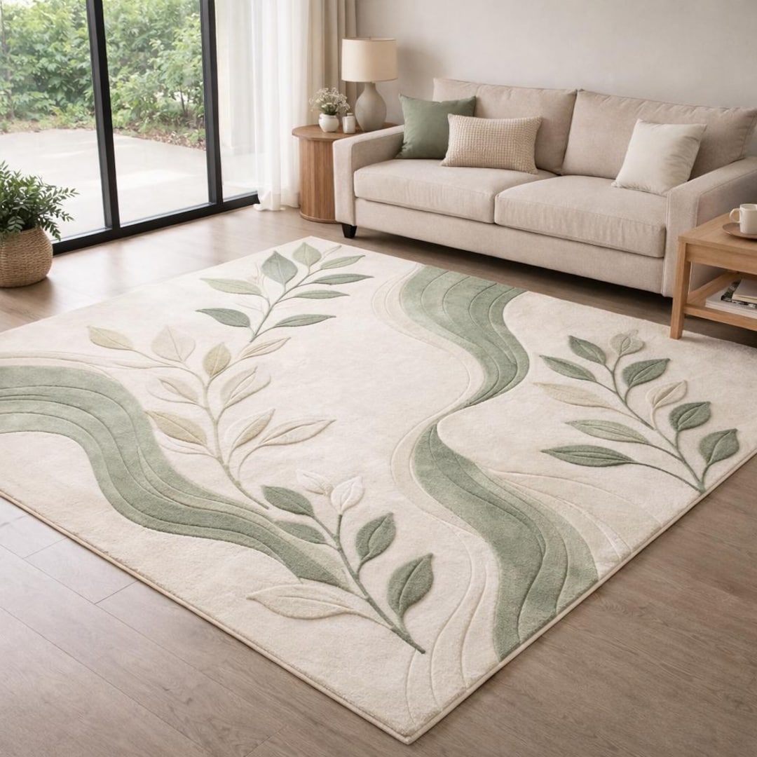 Abstract Leaf Pattern Area Rug Sage Green Botanical Leaf Pattern Area Rug, Modern Abstract Tufted ...