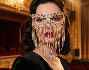 Rhinestone Tassel Mask,Sparkling Face Veil,Crystal Fringe Face Mask Jewelry - Bridal Masquerade Veil