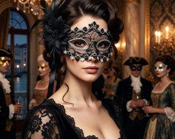 Black lace mask, Gothic Lace Floral Mask ,Black Lace Flower Masquerade Mask - Dark Romantic Ball Accessory