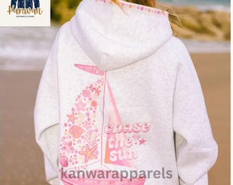 Brand New Pink Palm Puff Embroidery Hoodie, Chase The Sun Sailboat Sweatshirt, Coastal Beach Vibes