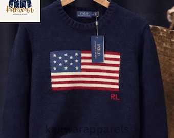 Suéter de punto de lana Polo Ralph Lauren con la bandera de EE. UU., nuevo y auténtico: jersey vintage preppy.