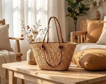 Puede incluir: Un bolso tipo tote de paja trenzada en color beige natural con dos correas de hombro de cuero marrón. El bolso tiene un diseño abierto y ancho con un patrón trenzado texturizado en todo el cuerpo, ofreciendo un aspecto estructurado y flexible.