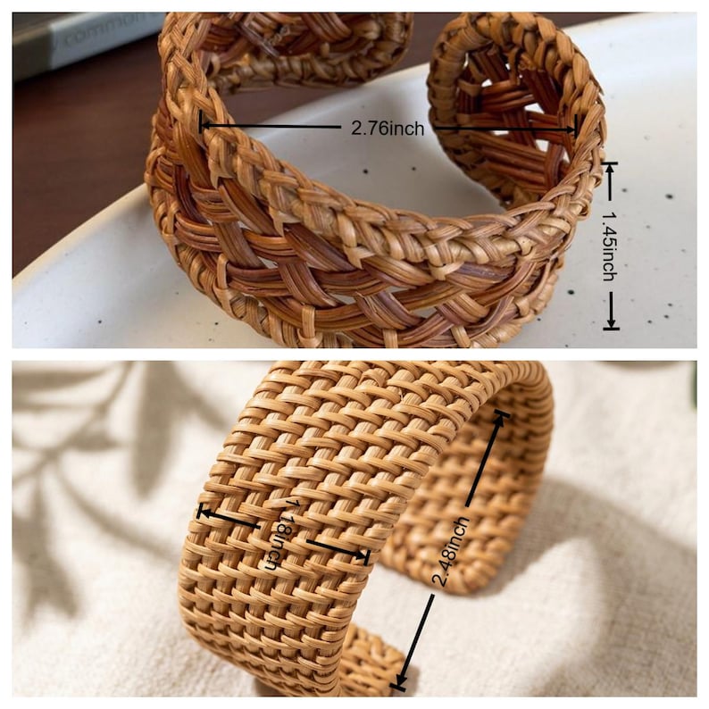 Puede incluir: Un brazalete tipo pu&ntilde;o trenzado de color marr&oacute;n con dise&ntilde;o abierto. La imagen superior muestra un ancho de 7,01 cm y una altura de 3,68 cm. La imagen inferior muestra un ancho de 6,30 cm y una altura de 3,00 cm, indicando sus medidas.