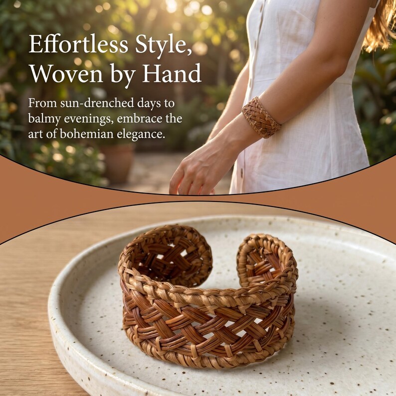 Puede incluir: Una pulsera de brazalete trenzada de color marr&oacute;n con un patr&oacute;n de celos&iacute;a hecho de fibras naturales. La pulsera se muestra sobre un plato de cer&aacute;mica de color blanco roto con motas. La imagen incluye el texto: Effortless Style, Woven by Hand.