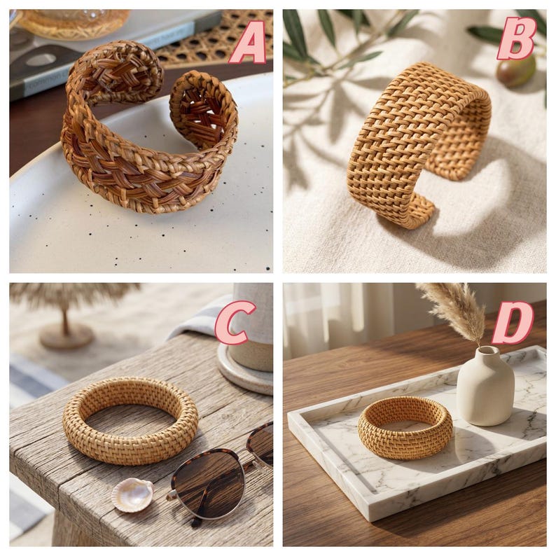 Puede incluir: Una colecci&oacute;n de cuatro pulseras de rat&aacute;n trenzado etiquetadas A, B, C y D. La pulsera A es un brazalete abierto marr&oacute;n oscuro, B es un brazalete abierto ancho color canela, C es una pulsera circular color canela y D es una pulsera circular lisa.
