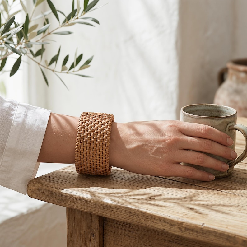 Puede incluir: Una pulsera ancha y cil&iacute;ndrica fabricada con material de rat&aacute;n tejido en color marr&oacute;n claro. El accesorio presenta un patr&oacute;n de tejido de cesta apretado y consistente en toda su superficie, creando una estructura r&iacute;gida y texturizada.
