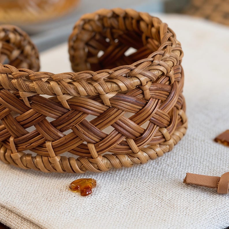 Puede incluir: Una pulsera de brazalete ancha hecha de fibras naturales tejidas de color marr&oacute;n en un patr&oacute;n de celos&iacute;a complejo. El dise&ntilde;o presenta un borde trenzado grueso a lo largo de los bordes superior e inferior, creando una estructura abierta y resistente.