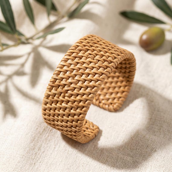 Rattan Woven Open Cuff Bracelet, Boho Vintage Bangle, Natural Texture Minimal Bracelet, Beach Resort Jewelry Gift for Her