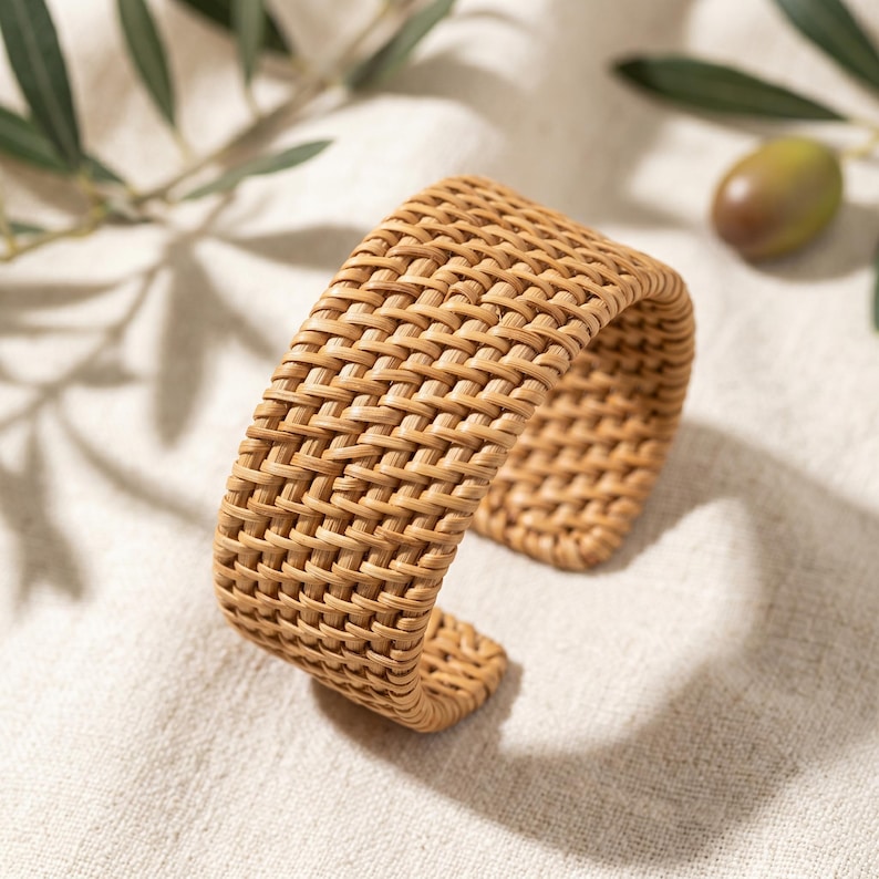 Puede incluir: Un brazalete ancho tipo pu&ntilde;o fabricado con material de rat&aacute;n tejido en color marr&oacute;n claro. El accesorio presenta un patr&oacute;n de tejido de cesta intrincado y continuo en toda su superficie, formando una estructura circular r&iacute;gida y abierta.