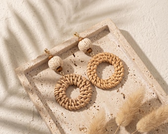 Handwoven Rattan Boho Drop Earrings, Lightweight Geometric Circle Dangle, Wood Bead Vintage Statement