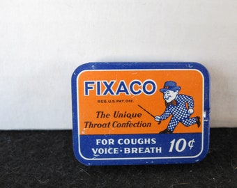 Vintage FIXACO sliding top tin THROAT confection tin