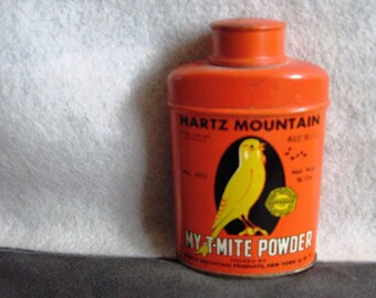 Vintage Hartz Mountain My-T-Mite Powder Tin Canary graphics