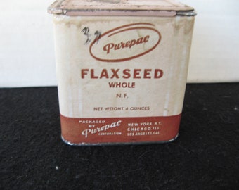 Vintage Purepac Ground Flaxseed Spice Tin with sliding lid on top