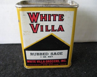 Vintage White Villa Rubbed Sage Spice Tin, white villa grocers