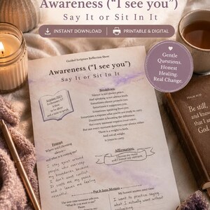 以下が含まれることがあります： 「Awareness（「I see you」）」というタイトルの印刷された聖書反射シート。シートには、プロンプト、アファメーション、および概念の内訳が含まれています。デザインは、ソフトカラー、ハート、および「インスタントダウンロード」と「印刷可能＆デジタル」という言葉を特徴としています。