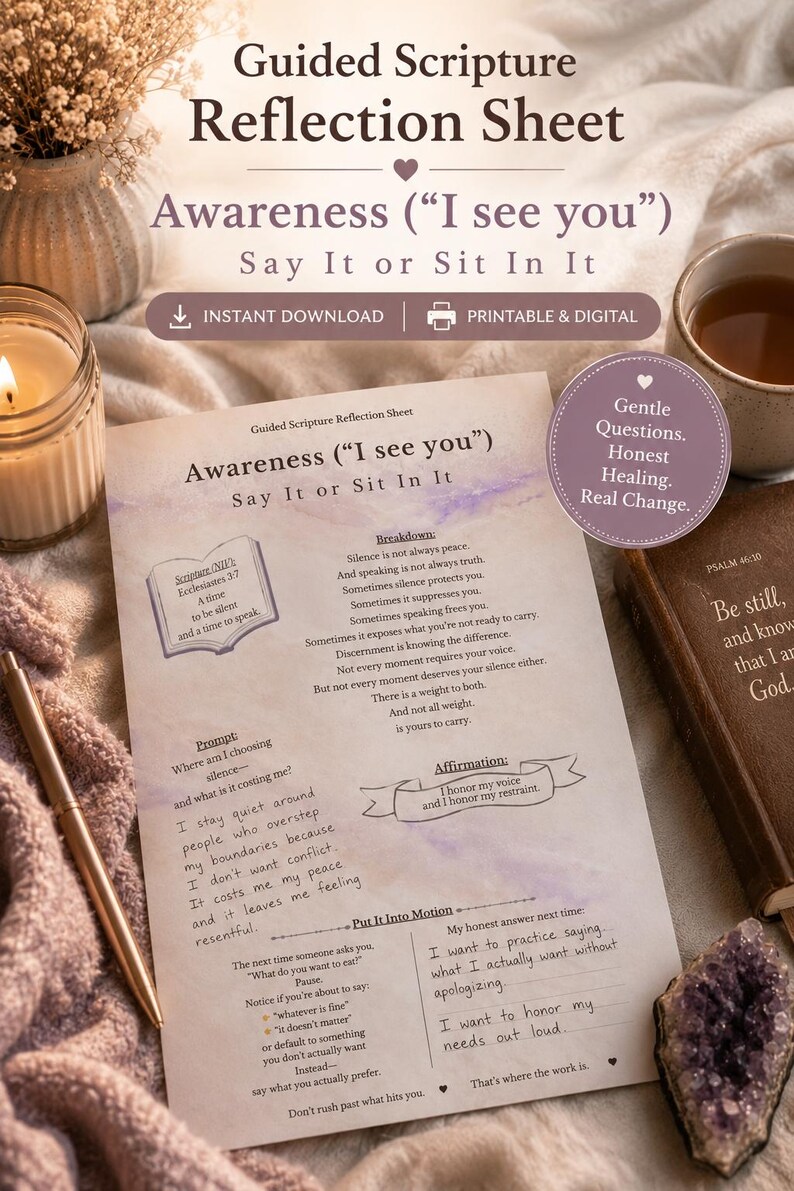 以下が含まれることがあります： 「Awareness（「I see you」）」というタイトルの印刷された聖書反射シート。シートには、プロンプト、アファメーション、および概念の内訳が含まれています。デザインは、ソフトカラー、ハート、および「インスタントダウンロード」と「印刷可能＆デジタル」という言葉を特徴としています。