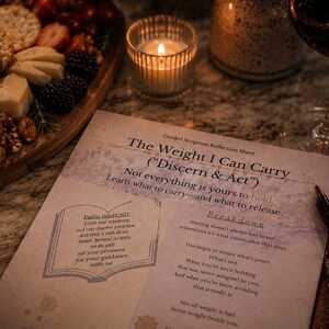 Peut inclure: Une feuille de r&eacute;flexion scripturaire intitul&eacute;e "Le poids que je peux porter" avec du texte et une section de d&eacute;composition. L'image comprend une bougie allum&eacute;e, un plateau de charcuterie et un verre de vin rouge.
