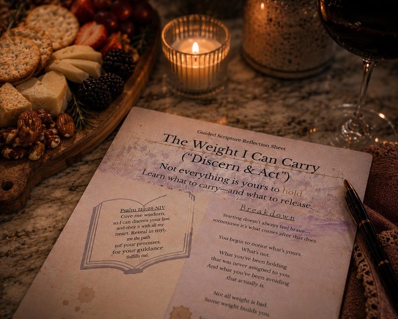Peut inclure: Une feuille de r&eacute;flexion scripturaire intitul&eacute;e "Le poids que je peux porter" avec du texte et une section de d&eacute;composition. L'image comprend une bougie allum&eacute;e, un plateau de charcuterie et un verre de vin rouge.