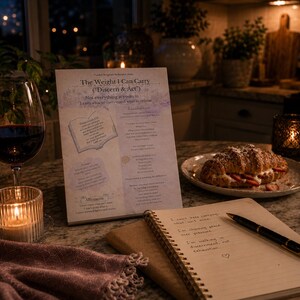 Peut inclure: Une nature morte avec un verre de vin rouge, une bougie allum&eacute;e, un croissant aux fraises et un carnet avec un stylo. Une page imprim&eacute;e avec le texte "The Weight I Can Carry" est &eacute;galement visible. La sc&egrave;ne se d&eacute;roule sur un comptoir.