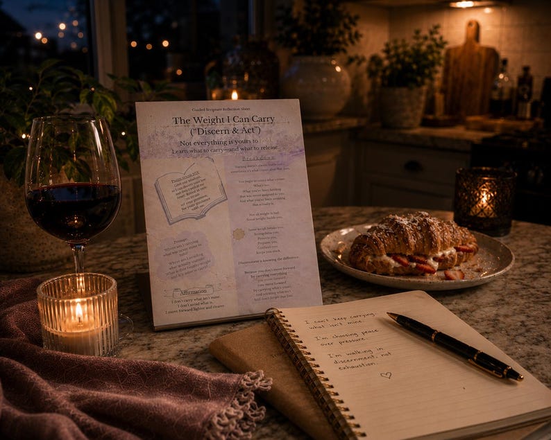 Peut inclure: Une nature morte avec un verre de vin rouge, une bougie allum&eacute;e, un croissant aux fraises et un carnet avec un stylo. Une page imprim&eacute;e avec le texte "The Weight I Can Carry" est &eacute;galement visible. La sc&egrave;ne se d&eacute;roule sur un comptoir.