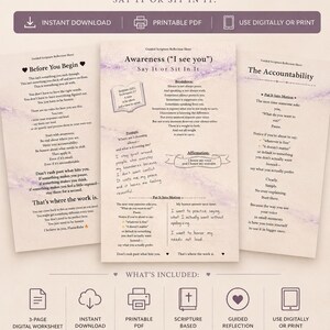 以下が含まれることがあります： 「Guided Scripture Reflection Sheets」のテキストと「Awareness. Honesty. Accountability. Say it or sit in it.」というフレーズが書かれたデジタルワークシート。ワークシートには、「Before You Begin」や「Awareness (I see you)」などのセクションが含まれています。