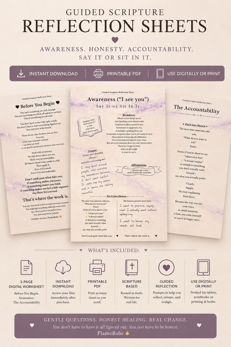 以下が含まれることがあります： 「Guided Scripture Reflection Sheets」のテキストと「Awareness. Honesty. Accountability. Say it or sit in it.」というフレーズが書かれたデジタルワークシート。ワークシートには、「Before You Begin」や「Awareness (I see you)」などのセクションが含まれています。
