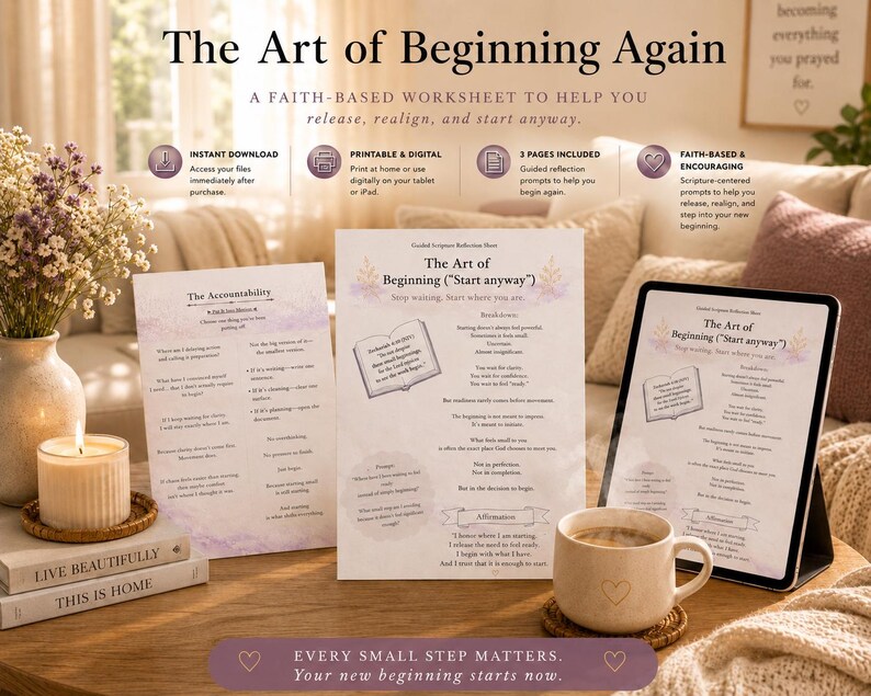 Pu&ograve; includere: Un foglio di lavoro intitolato "The Art of Beginning Again" con testo e grafica. L'immagine include un tablet, pagine stampate, una candela e una tazza di caff&egrave;. Il testo incoraggia il rilascio, il riallineamento e il ricominciare.
