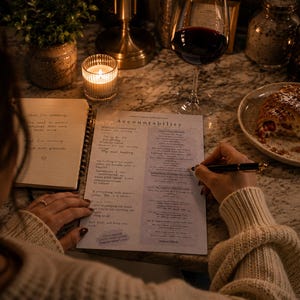 Peut inclure: Une personne &eacute;crit sur une page intitul&eacute;e &laquo;&nbsp;Accountability&nbsp;&raquo; avec un stylo, &agrave; c&ocirc;t&eacute; d'un cahier. Un verre de vin rouge et une assiette avec une p&acirc;tisserie sont &eacute;galement sur la table. Une bougie allum&eacute;e et une petite plante sont en arri&egrave;re-plan.