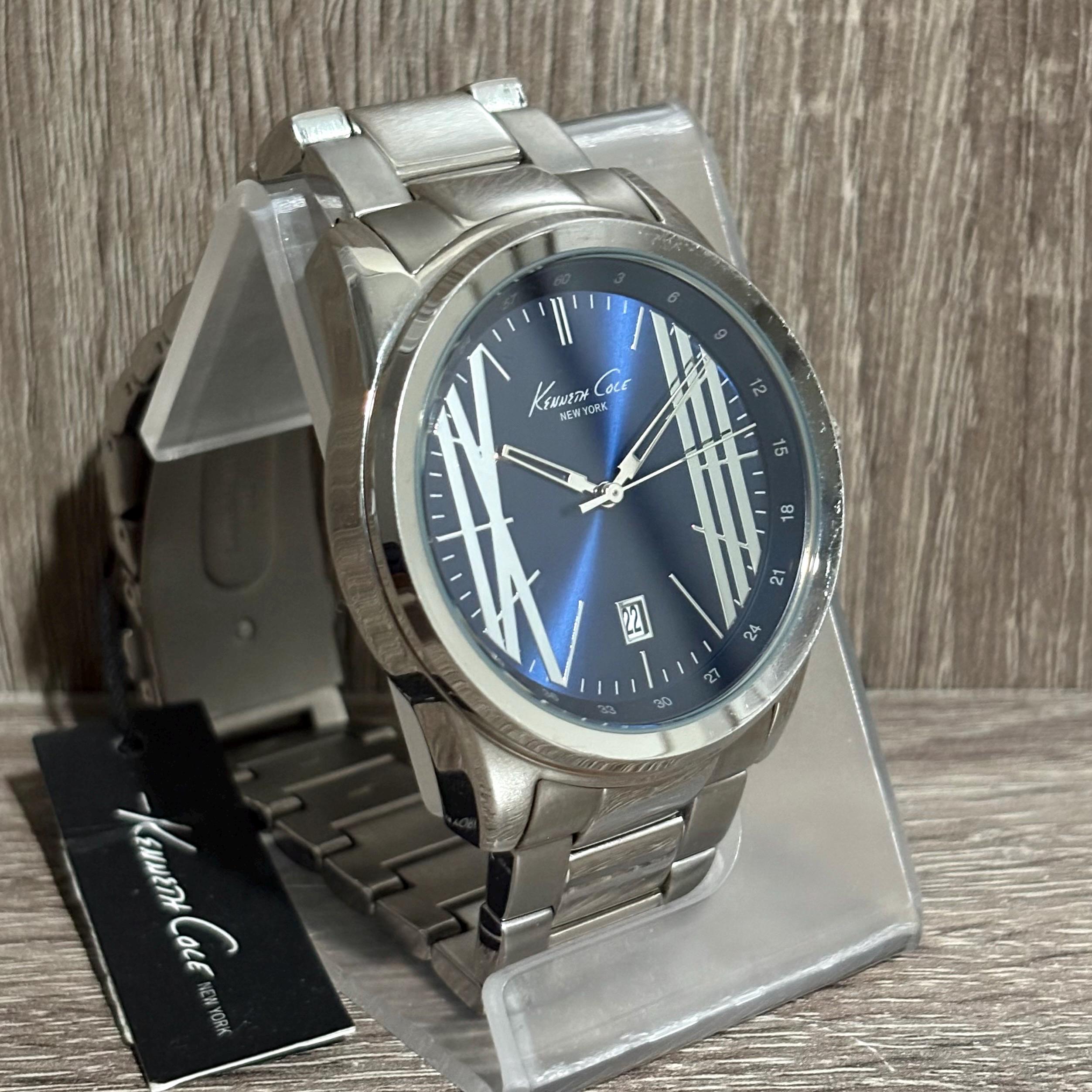 Vintage Kenneth Cole All Stainless Steel Blue Sunburst Dial Silver Accents Kenneth Cole Auto Skeleton Blue Dial Silver Chain Watch for Men main image 2