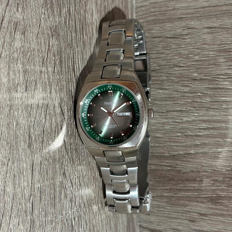 Green Armitron Tank Stainless Steel Men’s Watch With New Battery image 6