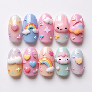 May include: A collection of ten artificial nails, each decorated with a unique design in pastel shades. Features include 3D hearts, rainbows, clouds, stars, and a smiling cloud character. The oval-shaped nails have a glossy finish, perfect for a playful look.