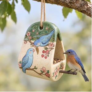 May include: A ceramic bird feeder with a cream-coloured base and a green top, featuring painted illustrations of two blue birds on flowering branches. A small wooden perch extends from the side, where a bluebird is perched near birdseed.