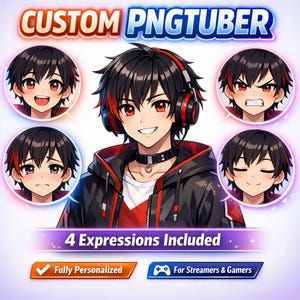 May include: Digital artwork featuring a character with black hair and red accents, wearing headphones and a black jacket. The image includes four facial expressions and the text "CUSTOM PNGTUBER" and "4 Expressions Included".