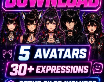 Paquete Gamer Girl PNGTuber / 5 Mini Avatares Veadotube + 30 Expresiones / Paquete Anime VTuber Streamer para Twitch YouTube OBS Descarga instantánea.