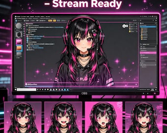 Paquete de avatares PNGTuber E-Girl / VTuber de anime, streamer de videojuegos rosa neón / Configuración de archivos de Veadotube / (Descarga digital)