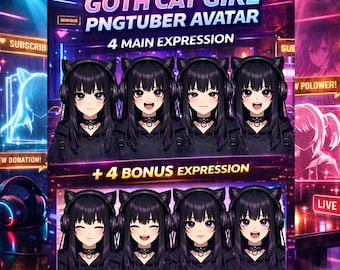 Op de afbeelding: Een digitale afbeelding met een Goth Cat Girl PNGTuber-avatar met acht verschillende uitdrukkingen. De avatar heeft zwart haar, kattenoren en een choker. De tekst luidt "Goth Cat Girl PNGTuber Avatar", "4 Main Expression" en "+4 Bonus Expression".