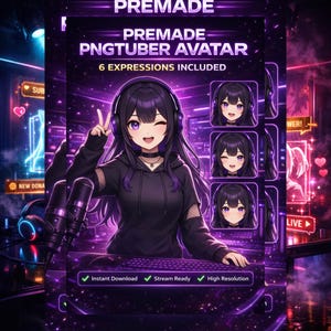 Peut inclure: Graphique d'art numérique présentant un avatar PNGTuber violet et noir. L'avatar est un personnage d'anime féminin avec des cheveux noirs, un casque et un sweat à capuche noir. Le texte "PREMADE PNGTUBER AVATAR" et "6 EXPRESSIONS INCLUDED" est inclus.