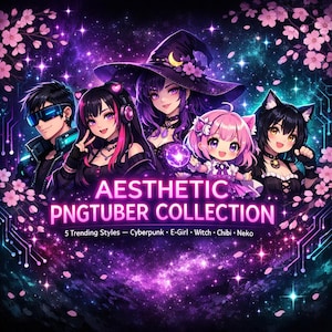 5 PNGTuberアバターパック | アニメVTuber PNGバンドル | サイバーパンク、魔女、Eガール、ちびストリーマーアバター | Twitch、YouTubeアバターセット