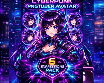 Paquete de 6 expresiones de avatar de Cyberpunk PNGTuber / Chica gamer neón PNGTuber / Avatar de VTuber PNG / Avatar de transmisor de Twitch, Personaje OBS PNGTuber