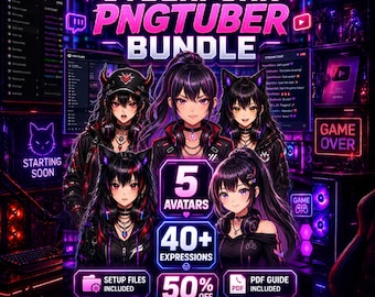 Paquete PNGTuber de chica gamer cyberpunk / 5 avatares de streamer de anime + 40 expresiones / Paquete VTuber Mini listo para Veadotube para Twitch, YouTube y OBS