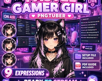 Avatar PNGTuber de chica gamer pastel / Minimodelo de Veadotube con 9 expresiones / VTuber de anime linda para Twitch, YouTube y OBS (descarga instantánea)