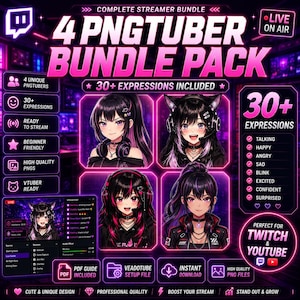 May include: A digital streamer bundle with four PNGTubers and over 30 expressions, in a pink and purple design. The image includes text that reads "Complete Streamer Bundle" and "Perfect for Twitch & YouTube". Includes PDF guide and instant download.
