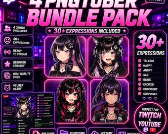 Paquete de 4 avatares PNGTuber / Minipack de más de 30 expresiones Veadotube / Paquete de PNGtuber femenina / PNG reactivo de chica gamer de anime para Twitch YouTube OBS
