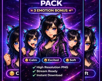 Chica gamer PNG, PNG femenino, PNG prediseñado, 4 expresiones, 3 expresiones adicionales, descarga instantánea