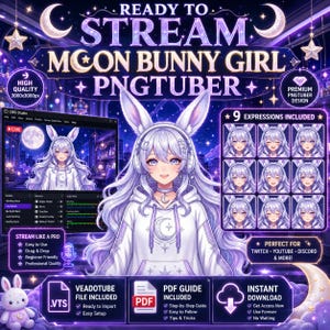 May include: A digital character asset set titled Ready to Stream Moon Bunny Girl PNGTuber featuring a purple and white color scheme. The set includes a central character with long light hair, bunny ears, and a hoodie, plus nine facial expressions.