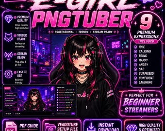 Avatar de E Girl PNGTuber / PNGTuber femenina / Minimodelo de Veadotube con 9 expresiones / PNG reactivo de anime para Twitch, YouTube y OBS (descarga instantánea)