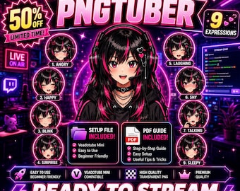Lindo avatar de chica gamer PNGTuber / 9 expresiones Veadotube Mini Modelo / Streamer de anime VTuber para Twitch YouTube OBS Descarga instantánea