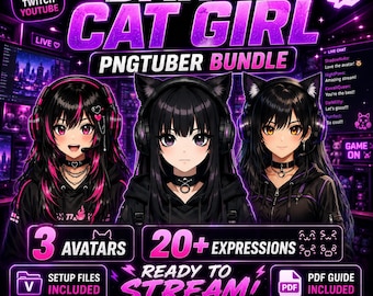 Paquete PNGTuber Chica Gato Oscura / 3 Avatares de Streamer de Anime + 20 Expresiones / Paquete VTuber Mini Listo para Veadotube para Twitch YouTube OBS