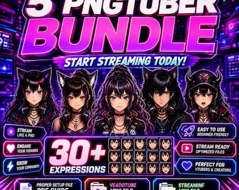 PNGTuber Gamer Girl Bundle / 30 expresiones, 5 avatares, Anime VTuber / Veadotube Mini Twitch YouTube OBS